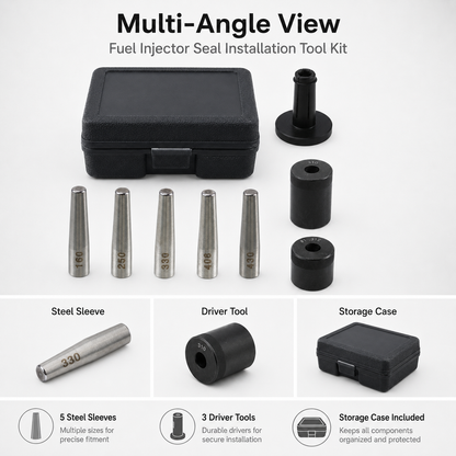 Multi-angle view of fuel injector seal installation tools and storage case