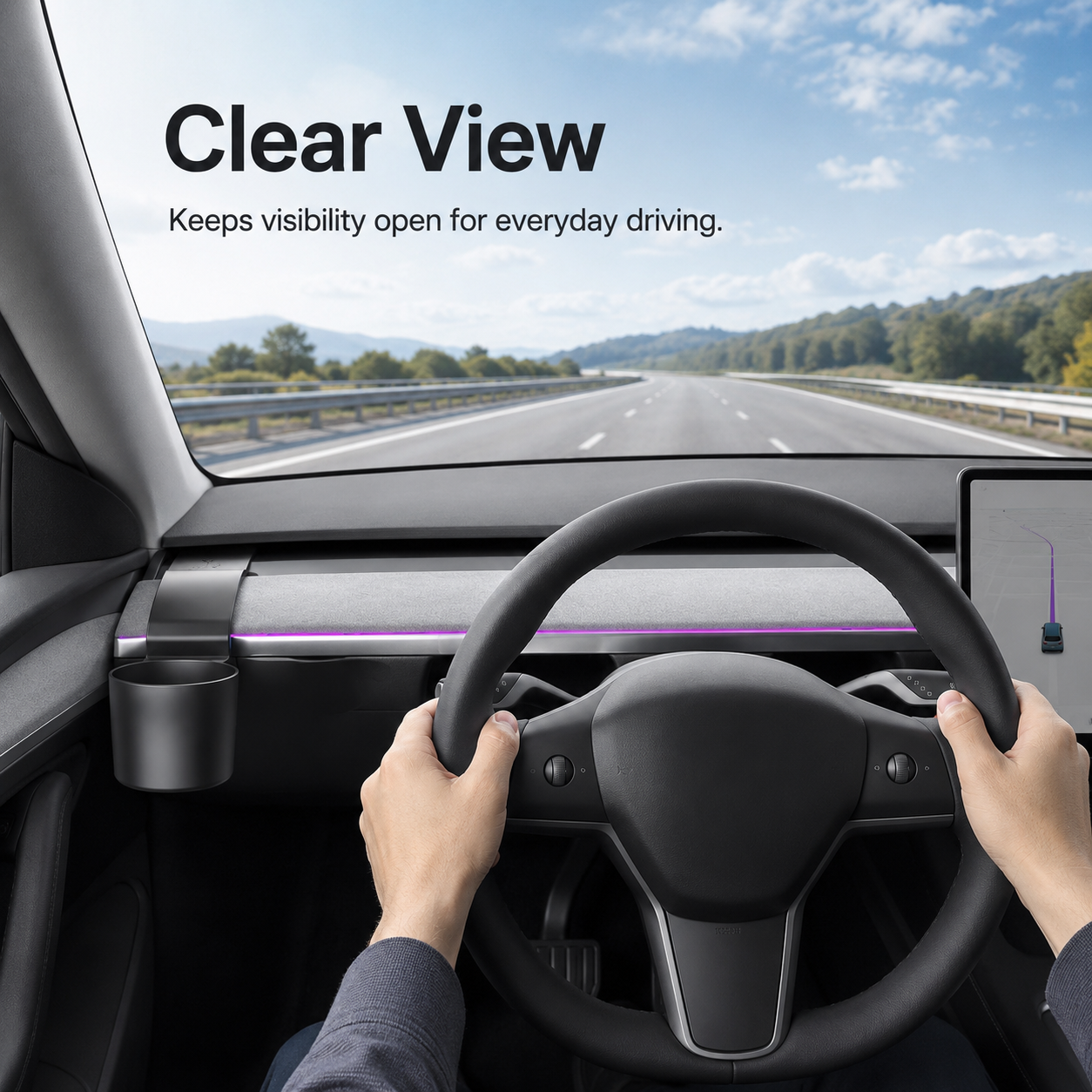 Driver view showing the dashboard cup holder positioned below the normal forward line of sight