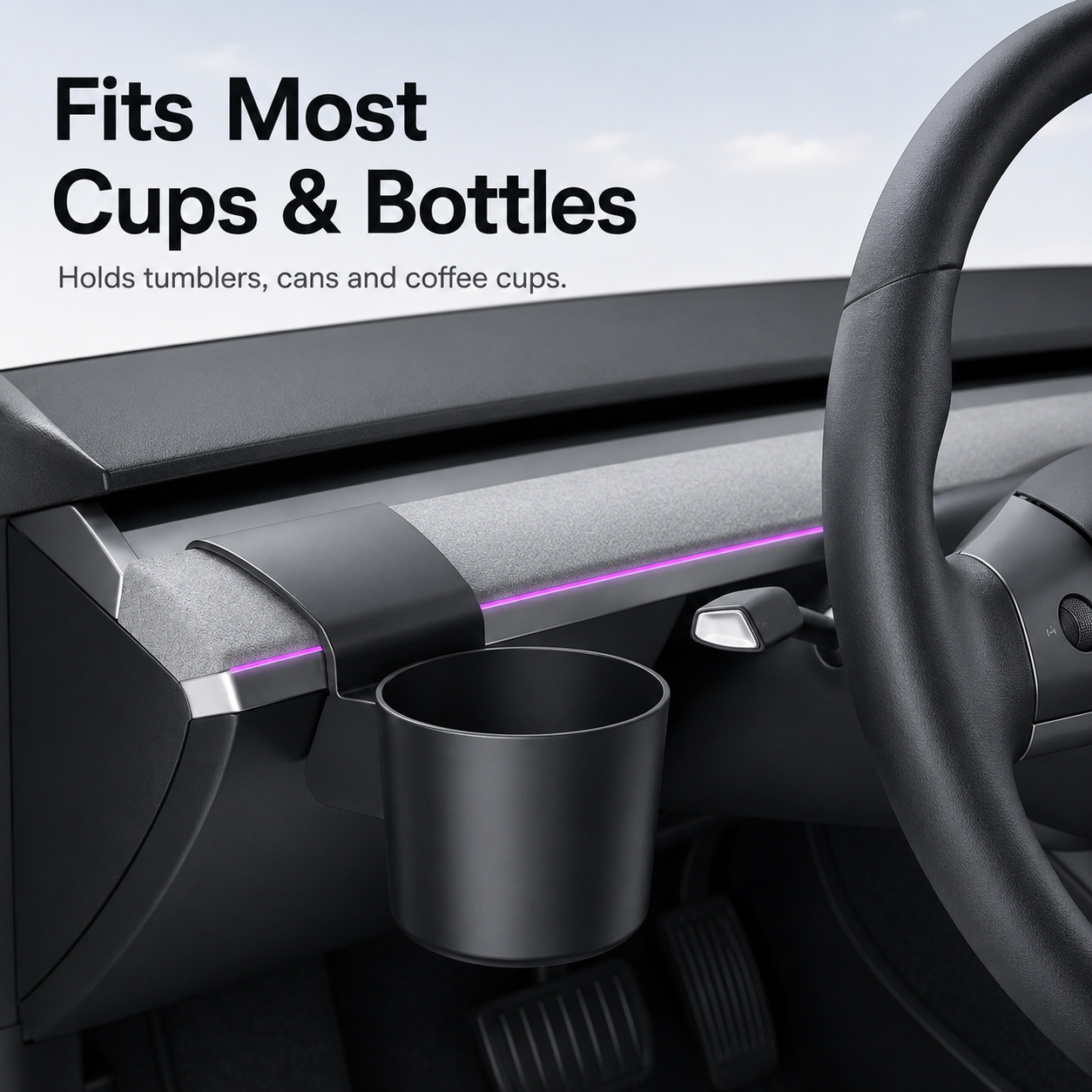 Dashboard cup holder installed in a compatible Tesla interior for common tumblers, bottles, cans, and coffee cups