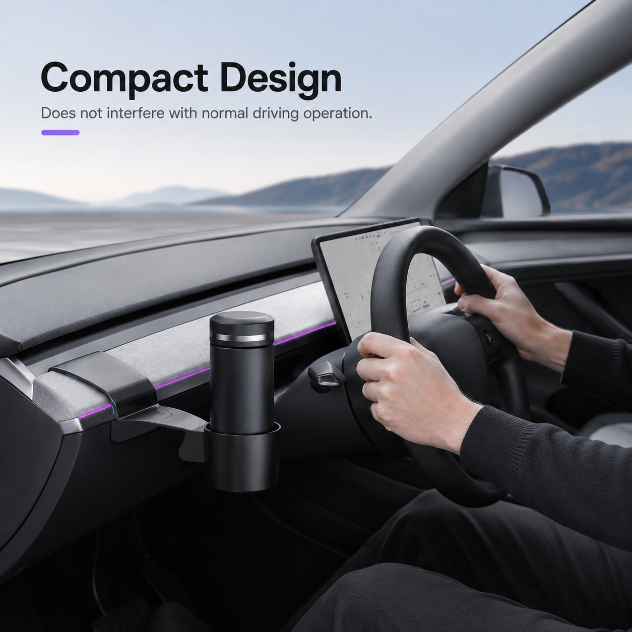Compact driver-side dashboard cup holder positioned near the steering area without occupying the center console
