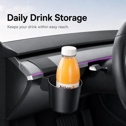 Driver-side dashboard cup holder storing a bottled drink within convenient reach