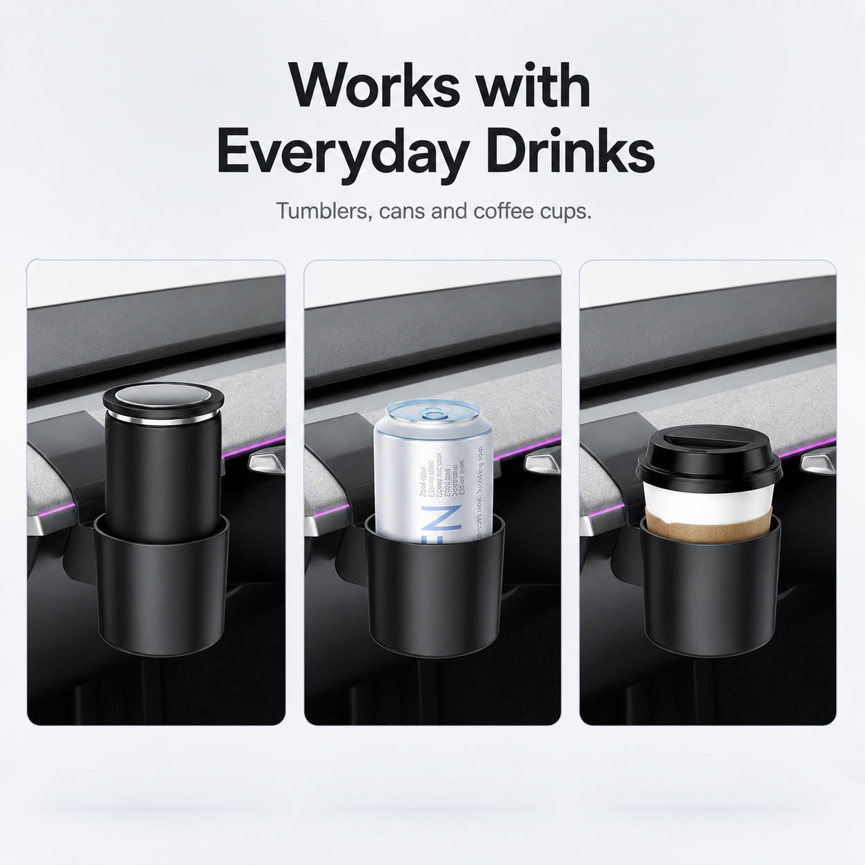 Tesla dashboard cup holder shown with a tumbler, beverage can, and takeaway coffee cup