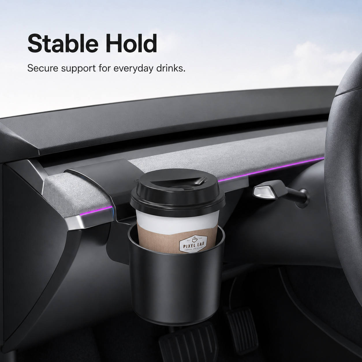 Dashboard cup holder supporting a takeaway coffee cup in a compatible Tesla Model 3 or Model Y interior