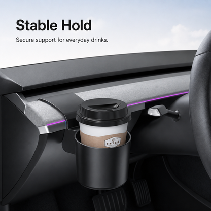 Dashboard cup holder supporting a takeaway coffee cup in a compatible Tesla Model 3 or Model Y interior