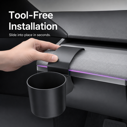 Tool-free installation of the dashboard cup holder on a compatible Tesla dashboard edge