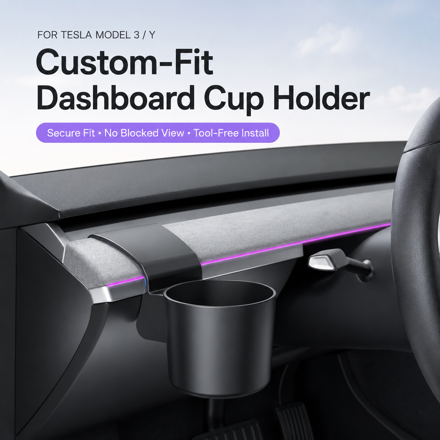 Driver-side dashboard cup holder for selected Tesla Model 3 2017–2023 and Model Y 2020–2024 interiors