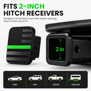 Universal 2-inch hitch receiver cover shown with 2-inch fitment information for cars, SUVs, trucks, and trailers