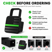 Check before ordering image for a universal 2-inch hitch receiver cover, highlighting receiver size and fitment notes