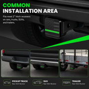 Common installation area image showing the universal 2-inch hitch receiver cover mounted on a rear trailer hitch receiver