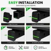 Easy installation guide showing how to insert the universal 2-inch hitch receiver cover into the receiver tube