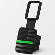 Front angled hero image of a universal 2-inch trailer hitch receiver cover with black finish and green stripe.