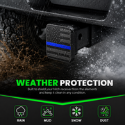 Weather protection image showing the universal 2-inch hitch receiver cover helping block rain, dust, mud, and snow